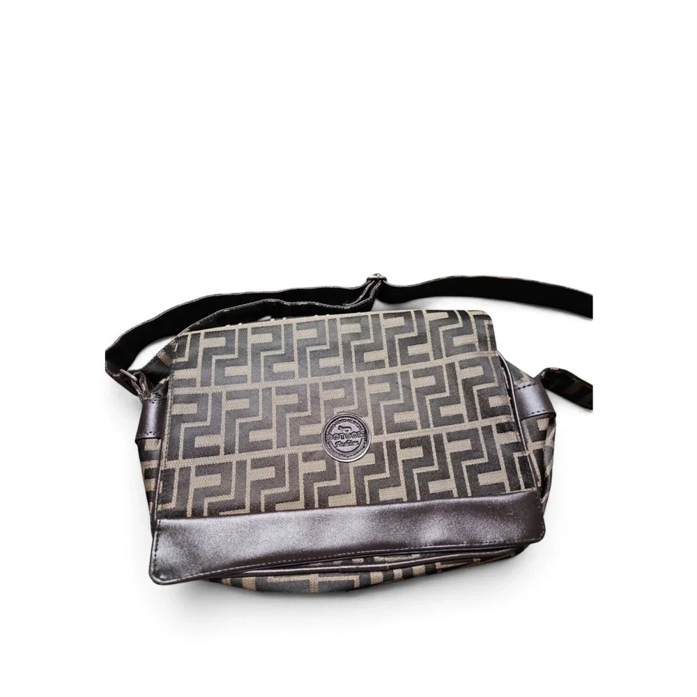Doycon Fashion Monogram Messenger Bag Brown Tan Geometric Crossbody Flap Snap